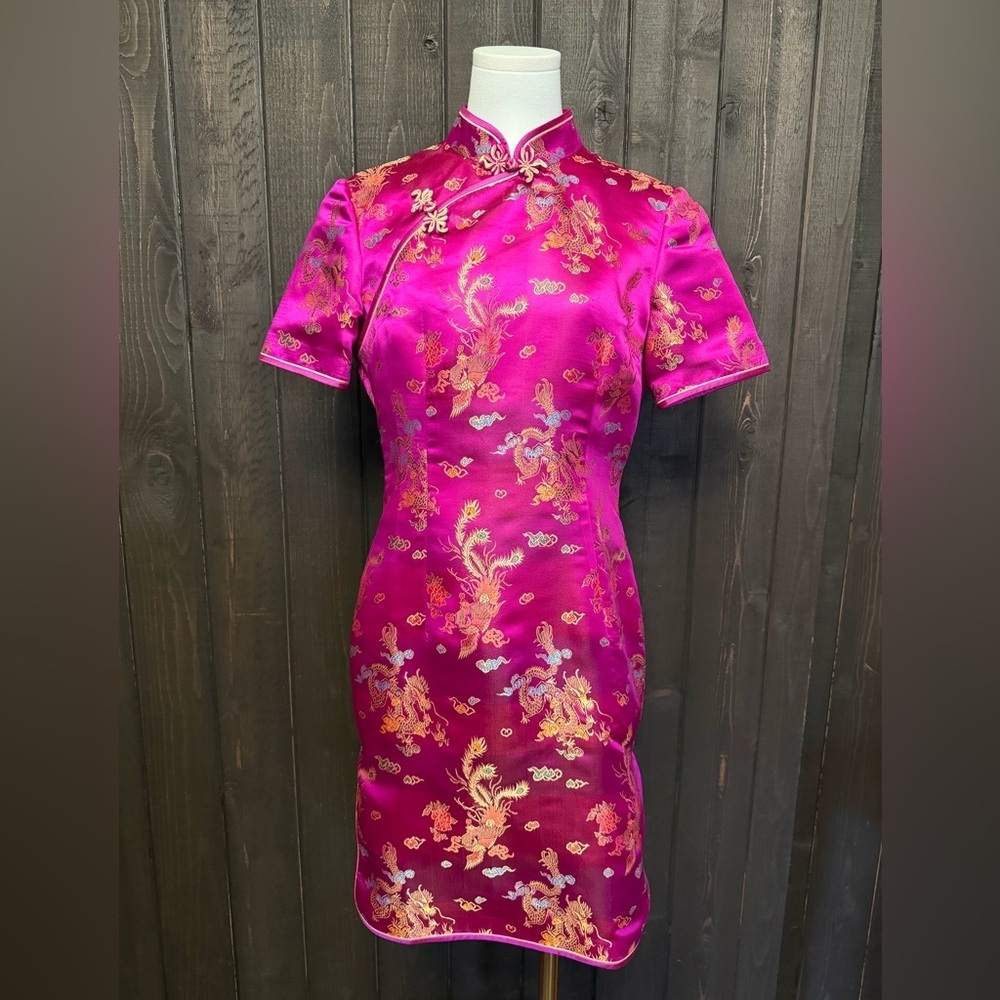 Asian Inspired Geisha Kimono Oriental 100% Silk Dress Pink Gold Dragons Sz M